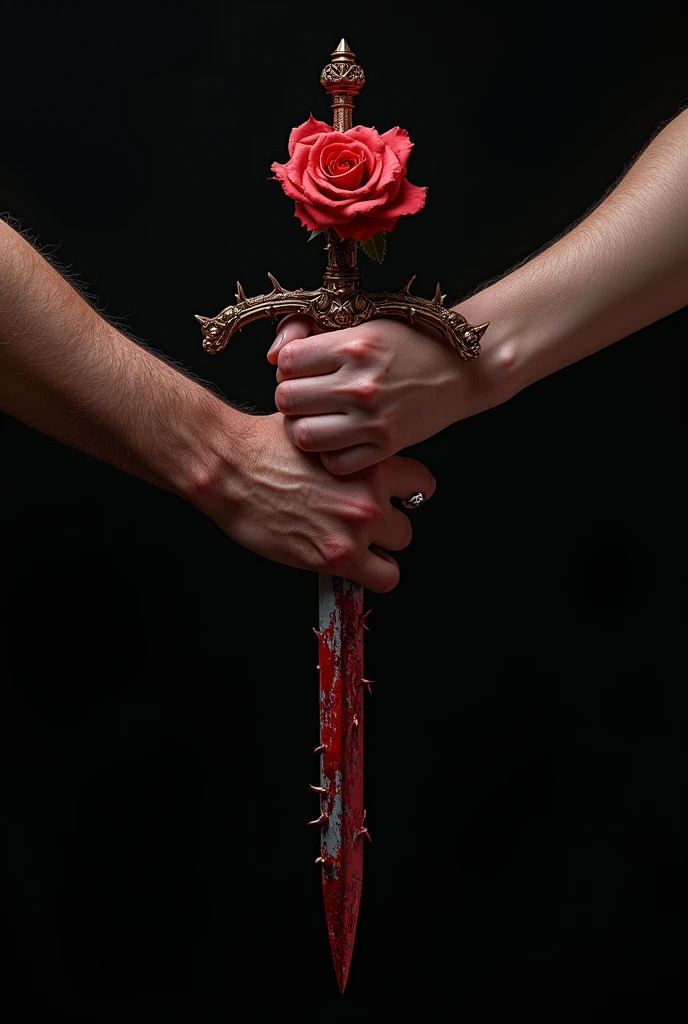 Two man's hands and a woman's hand holding a sword of roses and thorns, with blood on a black background