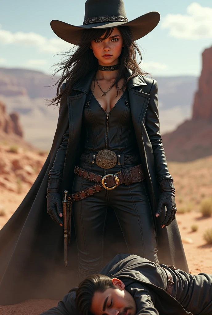 Young Cowgirl with black bounty hunter outfit and her bounty under her feet