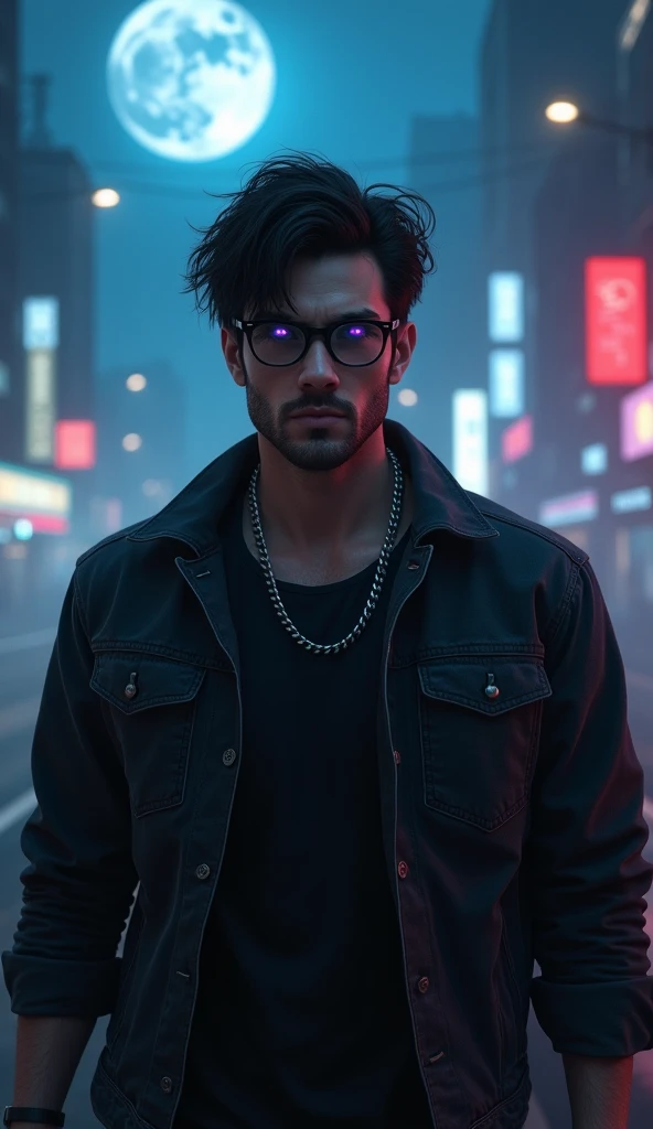 (realistic) 1 white adult male with black eyes and bright dark purple irises, broad shoulders, messy black hair parted in the middle and a short beard. Serious expression. Wearing an open black denim jacket, a black shirt underneath, regular prescription glasses with black frames and a silver chain around his neck. Walking in a futuristic city at night with heavy fog and blue moonlight.