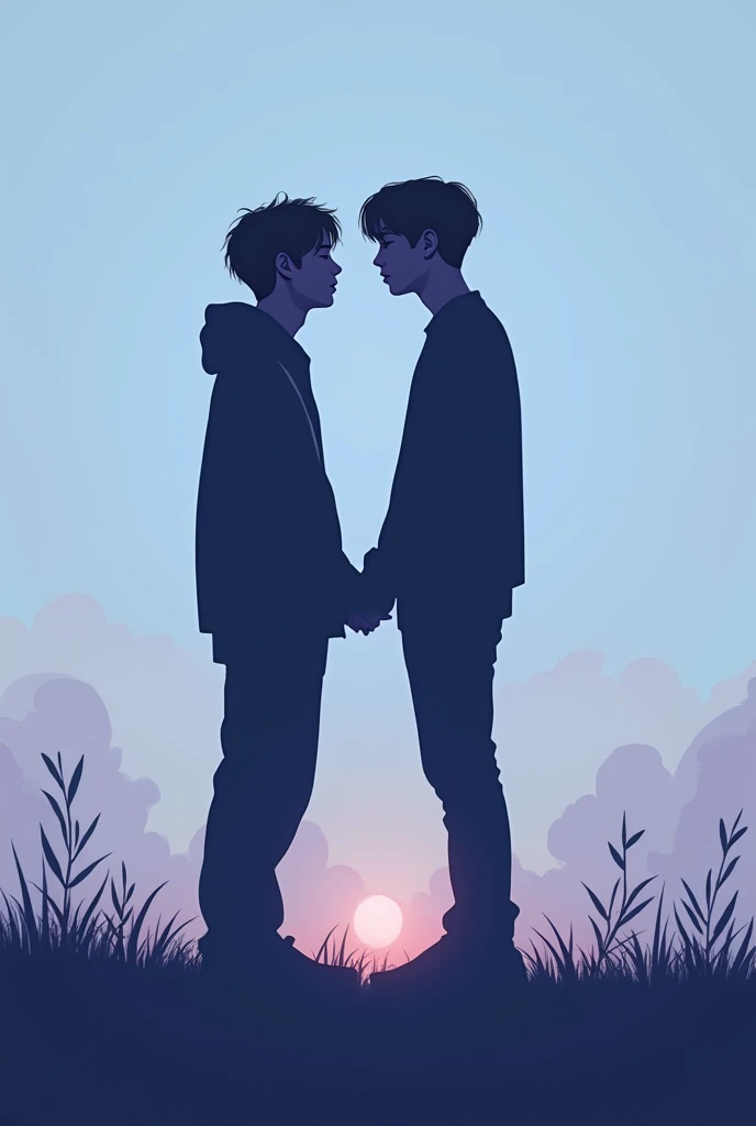 Un design avec deux silhouettes Jungkook jimin se tenant la main ou se regardant intensément, symbolisant leur connexion profonde. Le fond pourrait être un dégradé de couleurs douces, comme des bleus et des violets, pour évoquer la sérénité et l'intensité émotionnelle.