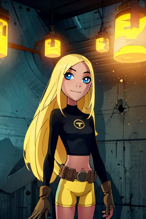 ((masterpiece,best quality)), absurdres, Terra, 1girl, solo, long hair, blonde hair, blue eyes, black shirt, gloves, yellow shorts, midriff, belt, smile, looking at viewer, cowboy shot,