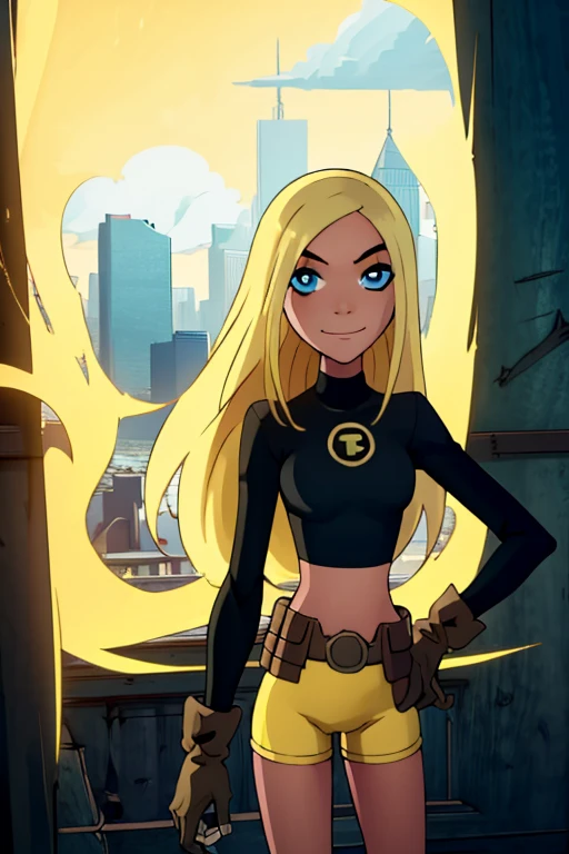 ((masterpiece,best quality)), absurdres, Terra, 1girl, solo, long hair, blonde hair, blue eyes, black shirt, gloves, yellow shorts, midriff, belt, smile, looking at viewer, cowboy shot,