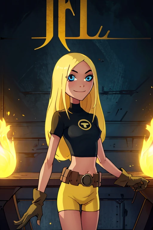 ((masterpiece,best quality)), absurdres, Terra, 1girl, solo, long hair, blonde hair, blue eyes, black shirt, gloves, yellow shorts, midriff, belt, smile, looking at viewer, cowboy shot,