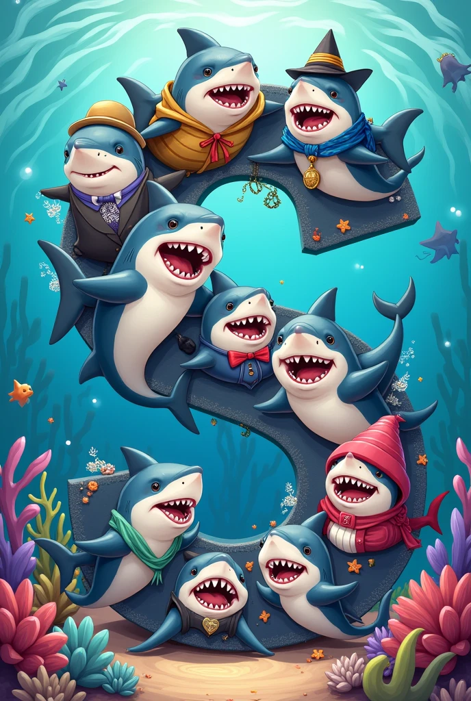 A letter I filled with animated sharks dressed in different ways