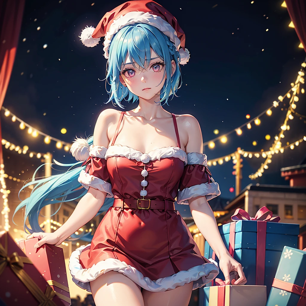 (Sky blue hair),(Braided short hair), (Pink Eyes),Fair skin) ,(whole body),(One Girl),(Gift boxes filling the background),(Santa Claus clothes),Santa Claus hat,(Christmas Party),(masterpiece, Highest quality, Very detailed, Best Shadow), (Detailed Background), (Beautifully detailed face), High Contrast, (Best lighting, Very delicate and beautiful), ((Cinematic Light)), Hyper Detail,8k, Dramatic Light, Intricate details,night,