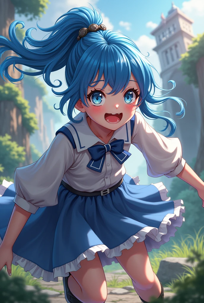 A waifu from a fantasy world with blue hair tied back and curly eyelashes is fighting a goblin. After she succeeds, she smiles.