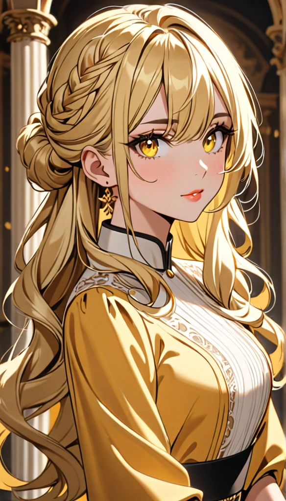 Beautiful styled blond hair, yellow eyes, eligant,