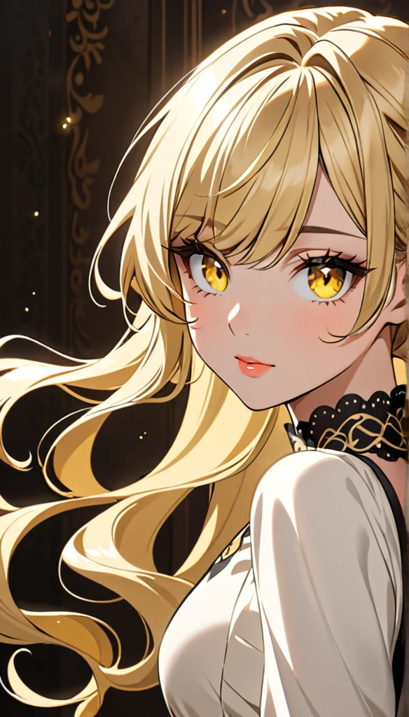 Beautiful styled blond hair, yellow eyes, eligant,