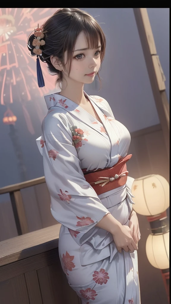 (looking up at the fireworks),((clothed:1.5),(japanese yukata:1.5)),(random hairstyle),(Thin type:1.5),(large breasts:1.5),(Highest image quality,(8K), Ultra-realistic, Best Quality, High quality, High Definition, high quality texture, high detailing, Beautiful detailed, fine detailed, extremely details CG, Detailed texture, realistic representation of face, masterpiece, presence)
