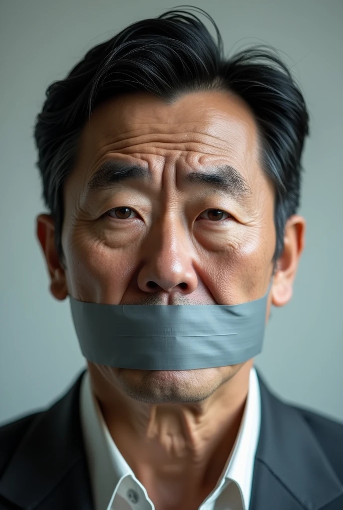 Japanese man with his mouth covered with duct tape