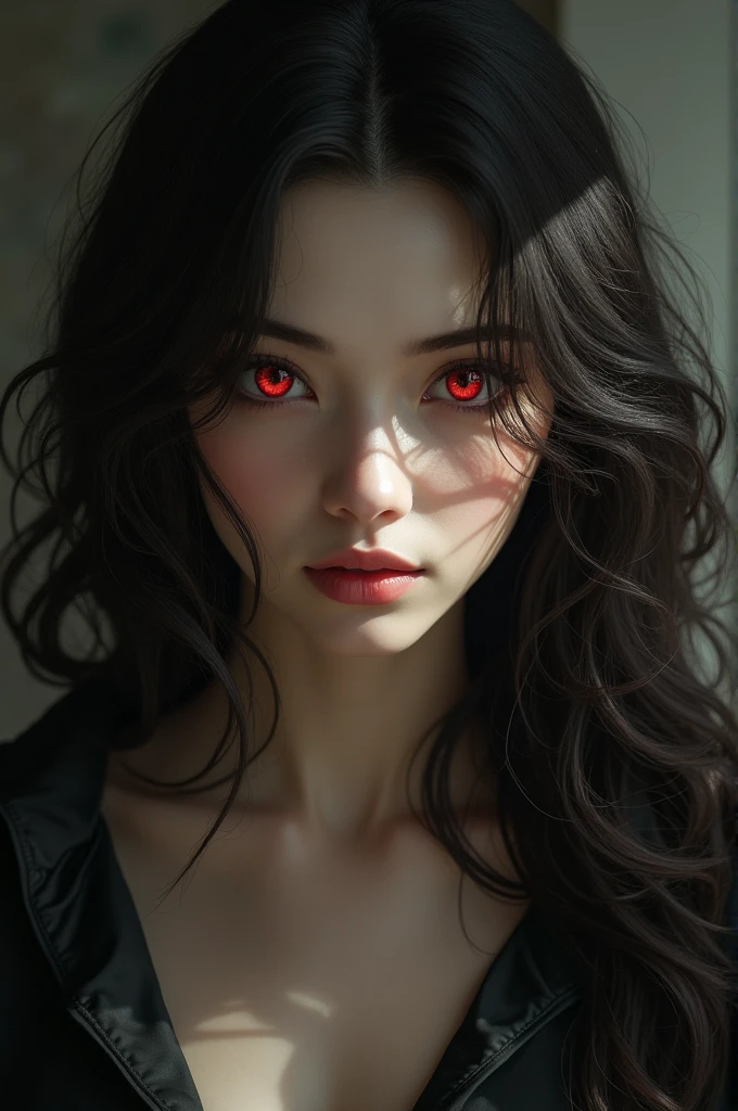 Woman aged 30 to 45 years, dark brown hair,  ruby red eyes hidden by brown contact lenses, White skin, of 1.75 a 1.80 meters high, slim