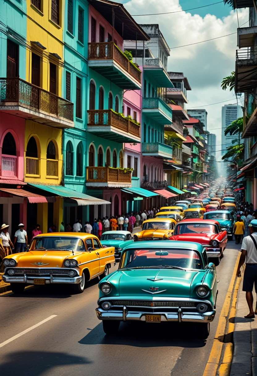 1960s Panama, colorful American cars on the streets, bustling Panamanian crowds, vibrant atmosphere, professional lighting, professional camera, intricate architectural details, vibrant colors, lively street scene, dynamic composition, cinematic framing, high quality, photorealistic, 8k, hyperdetailed, masterpiece, the camera is positioned low. It emphasizes the diverse movements of people and the feeling of everyday life.