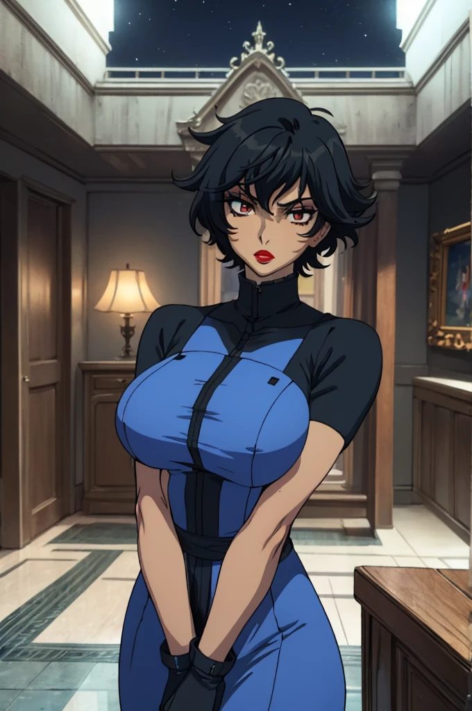 best quality, ultra-detailed, best illustration, masterpiece, high res (1girl:1.3), (large breast:1.5), closed mouth, (21 years old), ((1girl)), ((((solo))), (((alone))), (((genderbend))), (((female))), wide hips, thick thighs, narrow waist, ((blue top)), ((blue dress)), ((in a beautiful mansion)), ((anime artstyle)), long eyelashes, ((long black hair)), (((at night))), (red lipstick), (black eyeshadow), (in the dark)