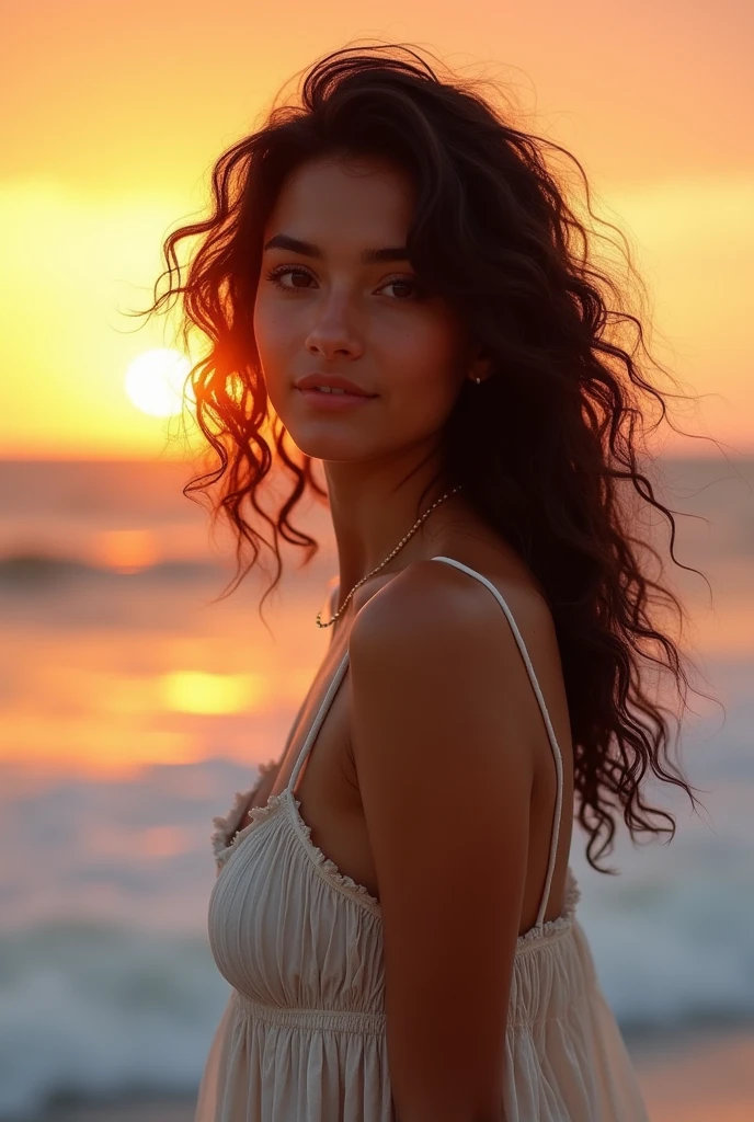 Beautiful face,no bra,reflection, she is beautiful young woman, black wavy curly hair, waves crash on the shore as the sun sets on the beach. A young and beautiful girl poses for the camera, The casual summer long dress suits her well. Opening kitchen cabinet, (((showing nipples))). It hugs her slim waist and body. The red rays of the sun are reflected in her beautiful eyes. A very realistic picture. Hdr. Full body, barefoot, no smile, Barefoot