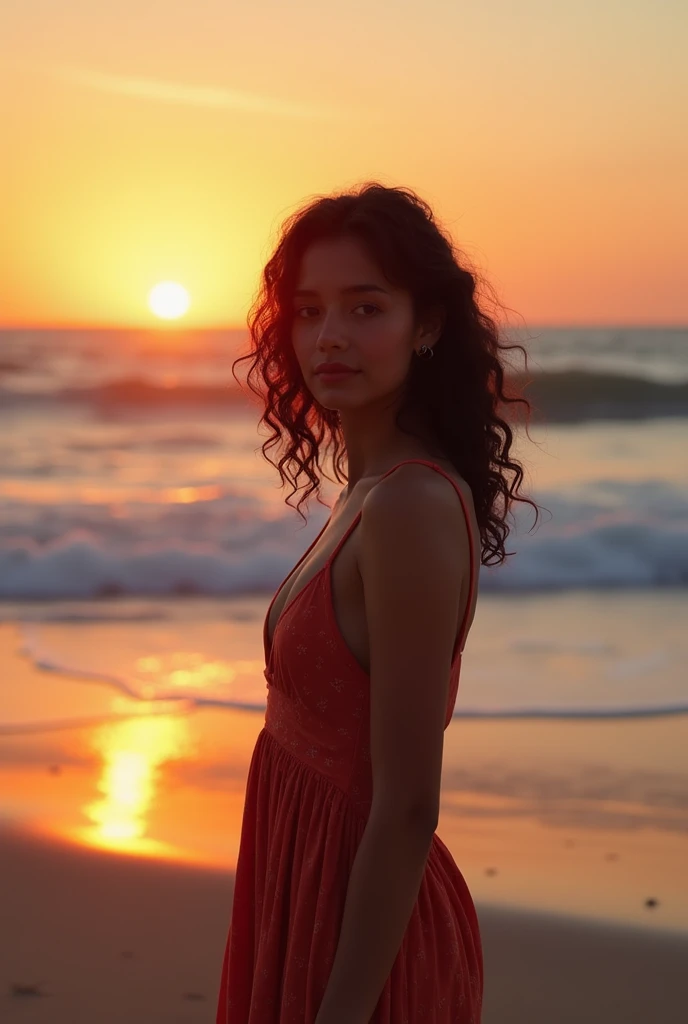 Beautiful face,no bra,reflection, she is beautiful young woman, black wavy curly hair, waves crash on the shore as the sun sets on the beach. A young and beautiful girl poses for the camera, The casual summer long dress suits her well. Opening kitchen cabinet, (((showing nipples))). It hugs her slim waist and body. The red rays of the sun are reflected in her beautiful eyes. A very realistic picture. Hdr. Full body, barefoot, no smile, Barefoot