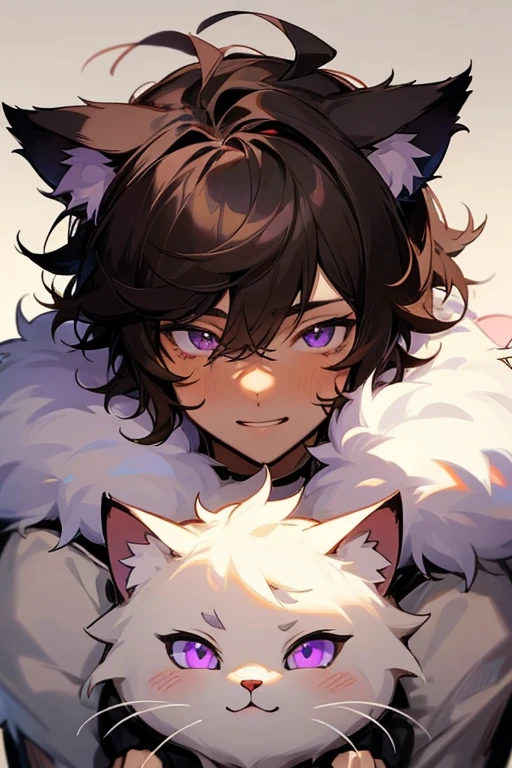 Hot cat boy, solo male, black hair, messy short fluffy hair, purple eyes, light brown skin, red cheeks, cute facial expressions, male, sexy guy, smile, innocent, cat ears, long fluffy tail