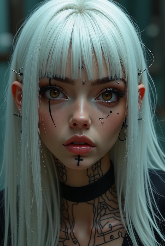 a brown woman, white haired, short bangs but with long straight hair. Left eyebrow piercing and two lip piercings. Circuit style tattoo on the neck with a cyberpunk style background. Light brown eyes and thick eyebrows. Long eyelashes and a heart-shaped mouth. And a long scar on the right side of his face, 
from the upper lip to above the right eyebrow.