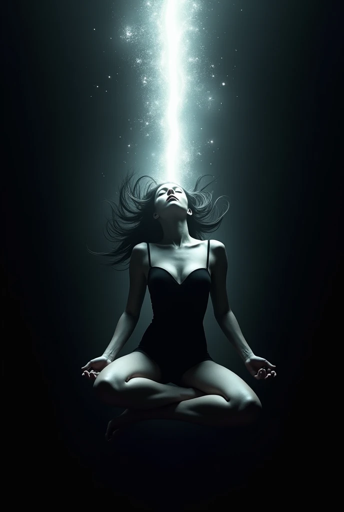 The image depicts a female figure lying down or floating on a completely black background.. She is positioned with her arms extended at her sides., and her black hair flows upwards, as if carried away by a force or energy.
A powerful blast of white light passes vertically through the figure., from head to toe, dividing the image almost in half. This light appears to be of a supernatural or magical nature., partially illuminating the woman's body and creating a striking contrast with the dark background. The light also emits sparks and fragments around, as if emanating an intense energy.
The woman is dressed in a black outfit that covers her entire body, and his expression is difficult to make out due to the light passing through his face, but appears to be in a state of serenity or surrender to the energy that surrounds her.