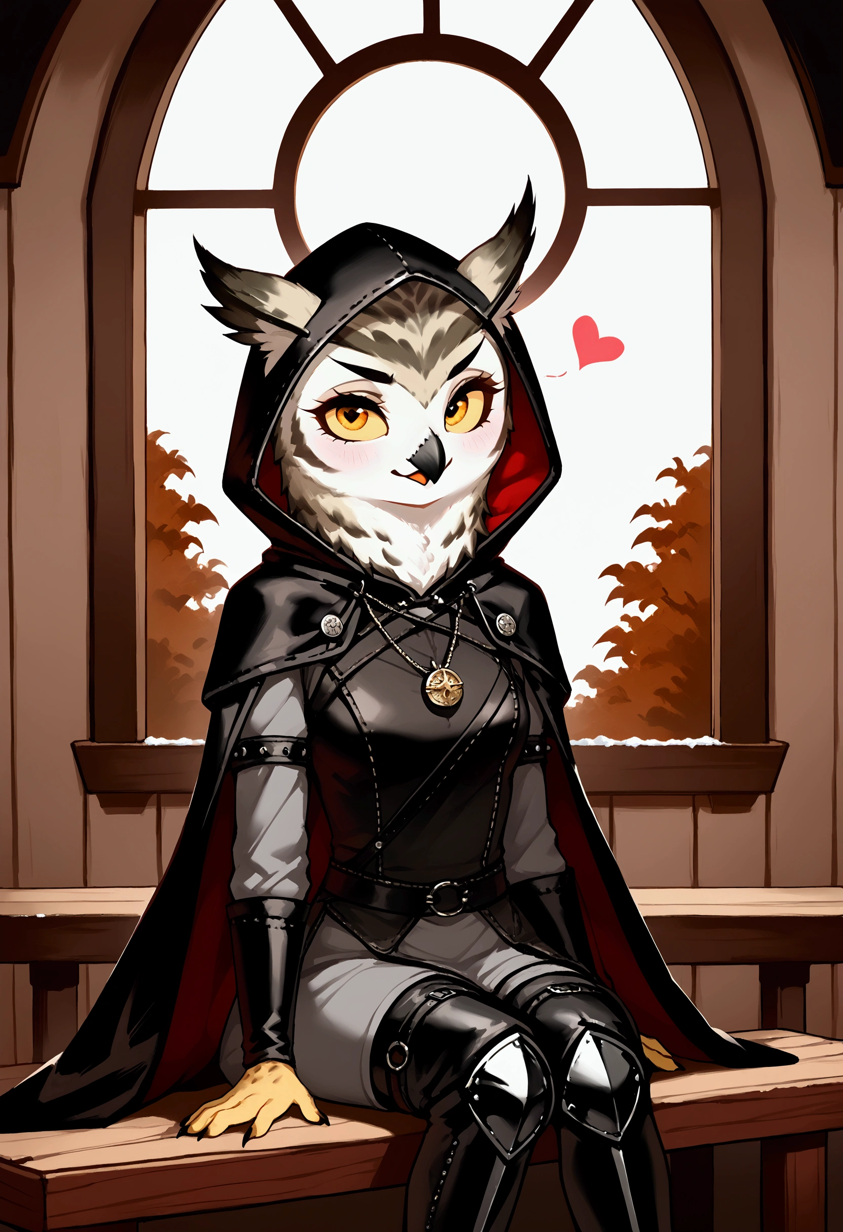 ((A 25-year-old female snow owl with an athletic build)), covered in mottled brown and white feathers like an owl, sits at a wooden table in a medieval tavern. Her large, round amber eyes and heart-shaped face with a sharp beak give her an intense look. She wears a dark grey tunic with silver embroidery, lightweight black leather armor, and a large steel shoulder pauldron adorned with runes. Her leather trousers are tucked into knee-high, metal-reinforced boots. A dark mantle with a fur-lined hood cascades from her shoulders, partially covering her folded owl wings. A silver crescent moon amulet hangs around her neck as she scans the room with a blend of grace and strength.