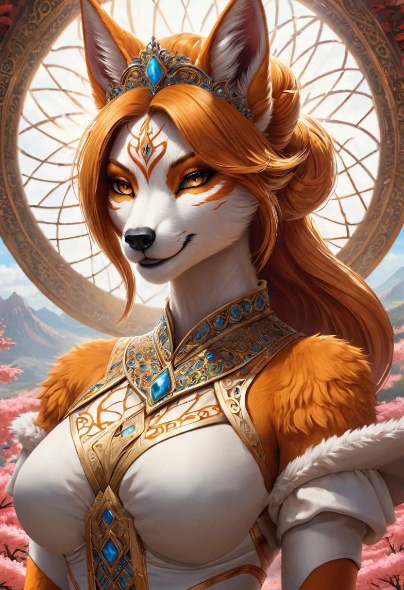 Anthropomorphic feminine kitsune-centaur princess. fully body. Official Art – An Award-Winning Digital Masterpiece In 4K Ultra HD, Extreme Detail And Intricate Realism. Symmetrical Face. This Concept Art Brought To Life By The Hands Of Artists Like Wlop & Artgerm In A Stunning 2D Vector Illustration. Background Is A Panoramic Vista.
