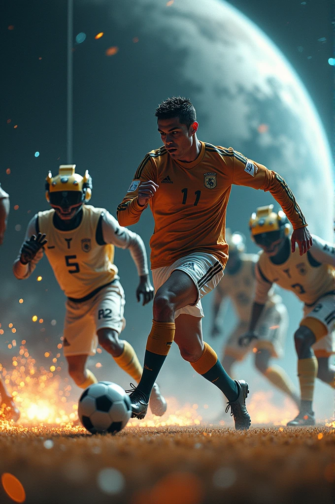 Cristiano Ronaldo playing soccer in space against aliens with space weapons