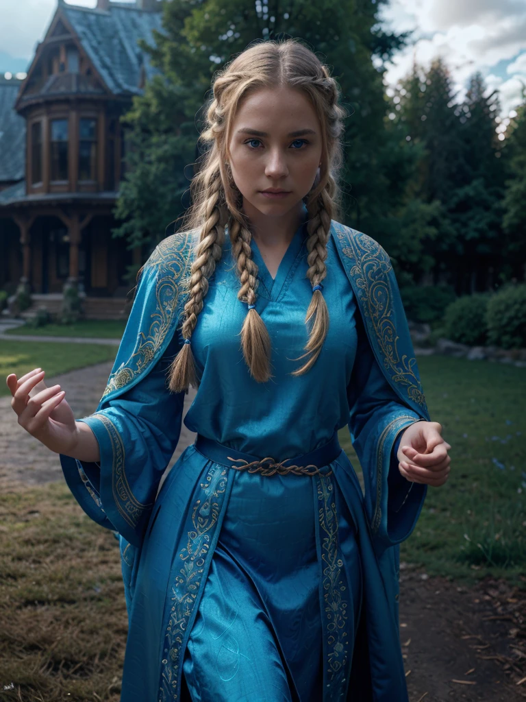 Emma myers, female mage with braided hair, blond hair, intricate detailed face and eyes, elegant posture, wearing an ornate blue magical robe, beautiful detailed hands holding a glowing magical staff, outdoor fantasy landscape with mountains and forests, dramatic lighting, cinematic composition, digital art, highly detailed, photorealistic