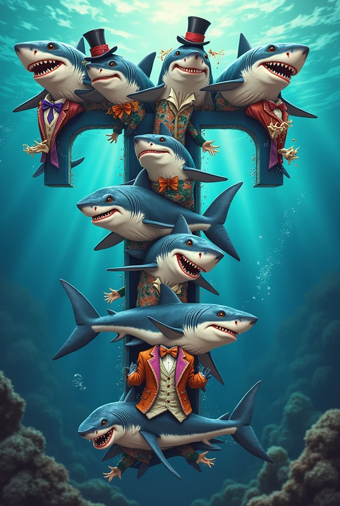 A letter T filled with animated sharks dressed in different ways