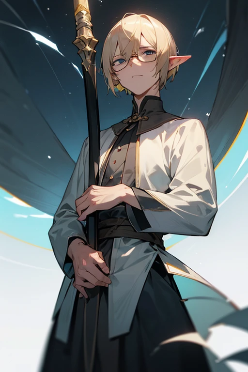 male、male性、Short Hair、Straight Bob、Blonde、Glasses、adult、adultのmale、adultの体、大柄のmale、Elf、Shining Eyes、Pride、Severe、Disgust、hostility、Irritation、Cold Blooded、A look of disappointment、Sharp Eye、Confused eyes、Stocky build、Slender、sex appeal、Magic Mentor、Long staff、Calmness、quiet、look、From below、to close range