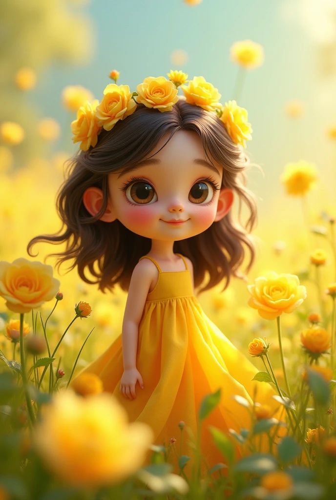 The image features a stylized, animated girl with large eyes, a yellow dress, and a floral crown. She is surrounded by a field of yellow flowers.