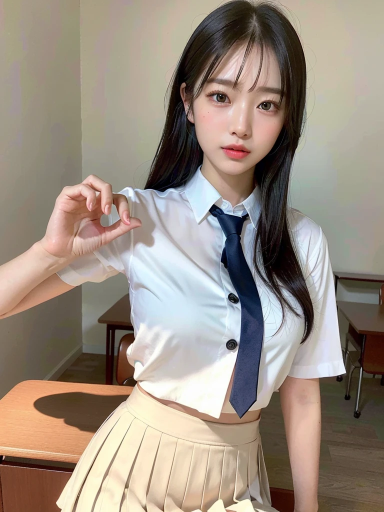 (masterpiece:1.3), (8k, Realistic, RAW Photos, Best image quality: 1.4), (Random Hairstyles:1.2)、(Highly detailed face)、Attention to detail、double eyelid、(Dark Eyes),(Sharp focus:1.2)、((whole body:1.5)),One Woman、Beautiful woman:1. 4,20-year-old woman、smile,Woman with a perfect body,Beautiful Abs,Chest-length hair、Highest quality、masterpiece、Ultra-high resolution、(Realistic:1.4)、super high quality、Symmetrical face、The face is very realistic、Photo level、8k最高画質はフル、Sebaceous reflex、The face is very realistic、Extremely realistic skin、Realistic light and shadow effects、(Pure and elegant girl),Professional Lighting、((Swayback stance)),(((Beautiful thighs))),(Sexy pose,Seductive pose),Recurve your hips back,Bend your waist,((dance,dance,Dancing)),((School classroom)),((Underarm)),(((School Uniform:1.3,skirt,White shirt with open buttons,Loosened tie))),Sit at a desk with your legs spread