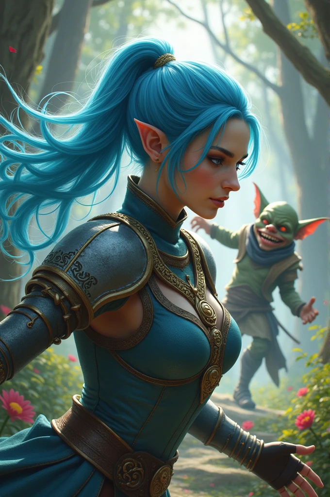 A waifu from a fantasy world with blue hair tied back and curly eyelashes is fighting a goblin after which Ai is seen smiling.