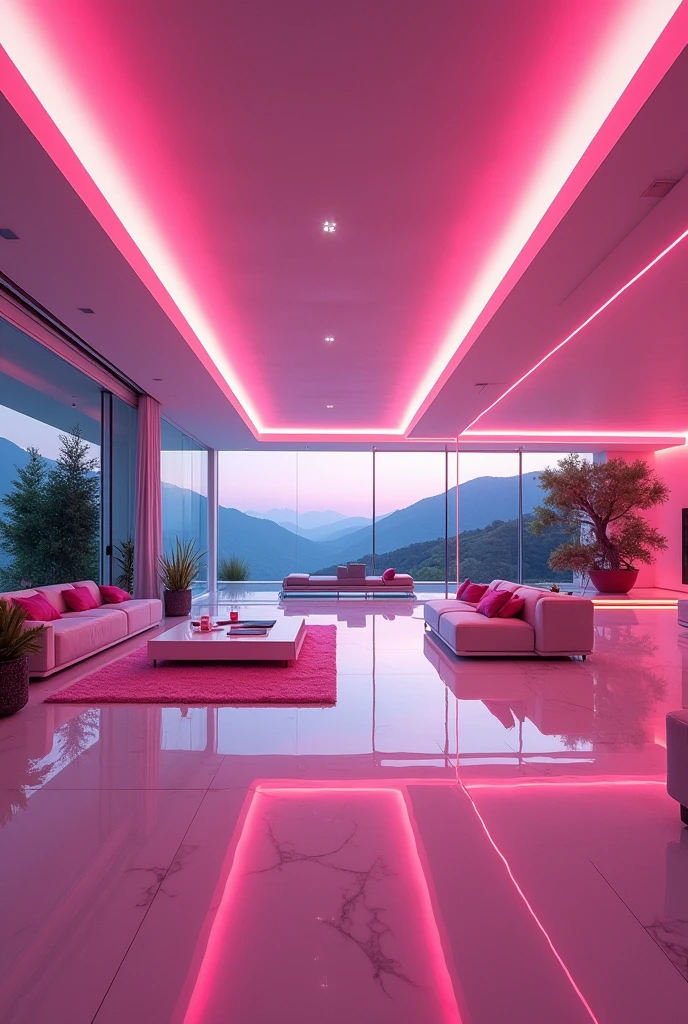 Futuristic LED mansion pink interior large with large windows transparent