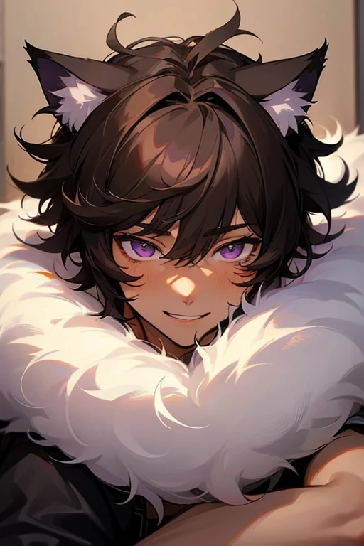 Hot cat boy, solo male, black hair, messy short fluffy hair, purple eyes, light brown skin, red cheeks, cute facial expressions, male, sexy guy, smile, innocent, cat ears, long fluffy tail