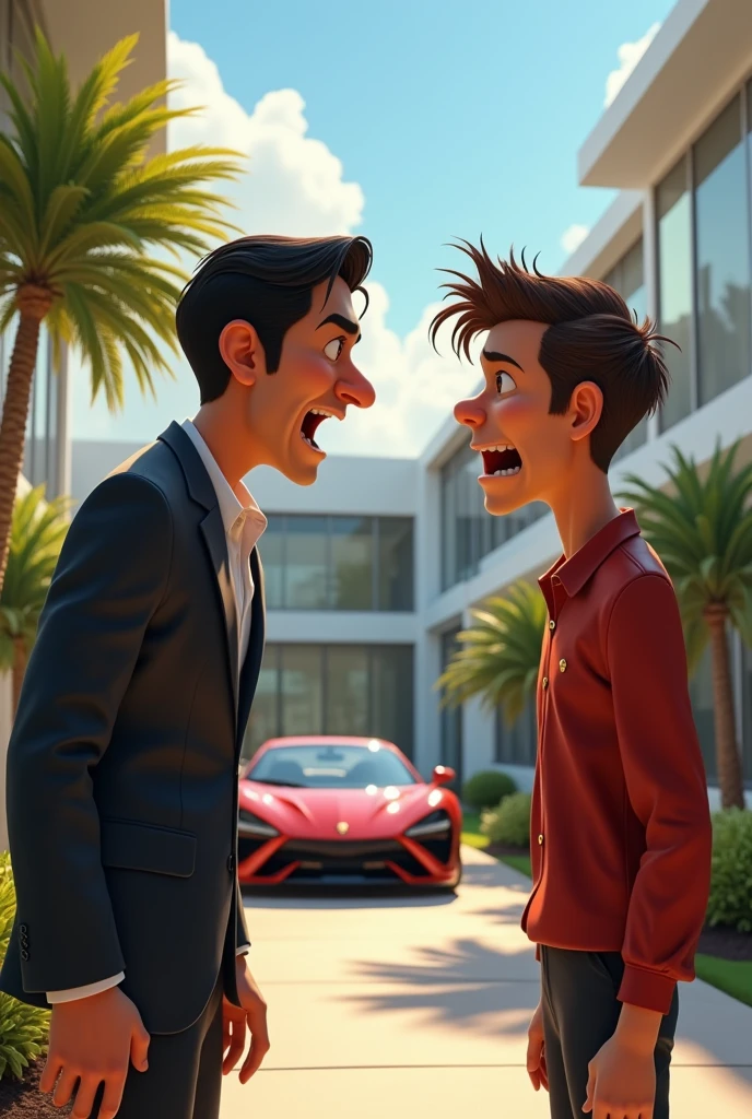 A ager guy yelling to his midddle age father at his fancy house, pixar style, 3d , high-aesthetic, cinematic, masterpiece