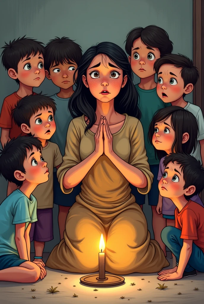 Desperate mother with 10 children praying cartoon
