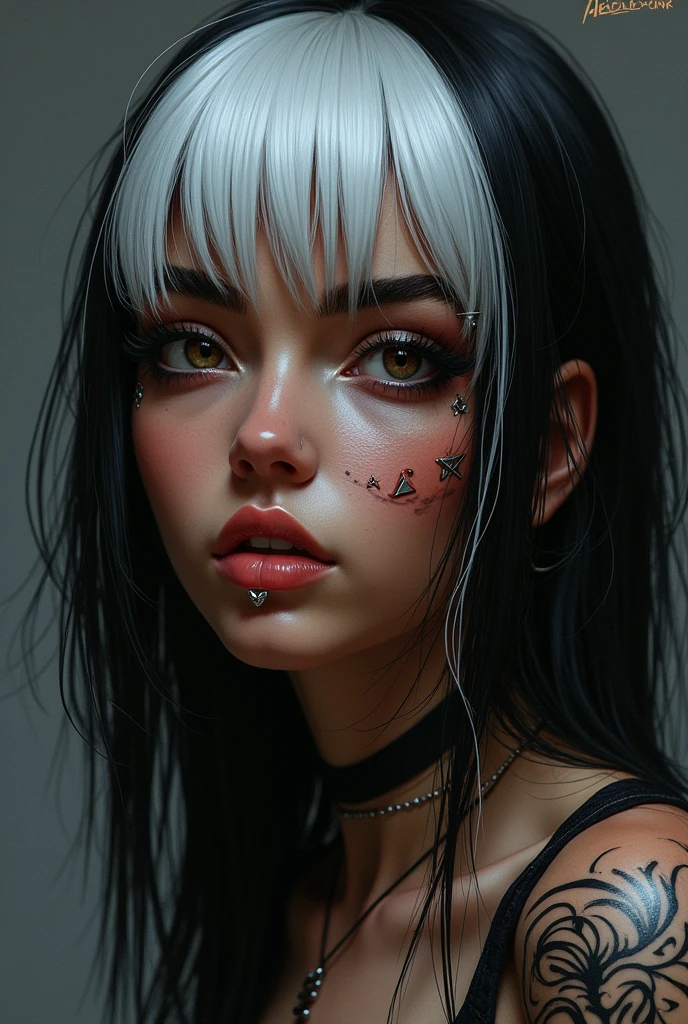 A dark-skinned woman, white haired, short bangs but with long straight hair. Left eyebrow piercing and two lip piercings. Circuit style tattoo on the neck with a cyberpunk style background. Light brown eyes and thick eyebrows. Long eyelashes and a heart-shaped mouth. And a long scar on the right side of his face,
from the upper lip to above the right eyebrow.