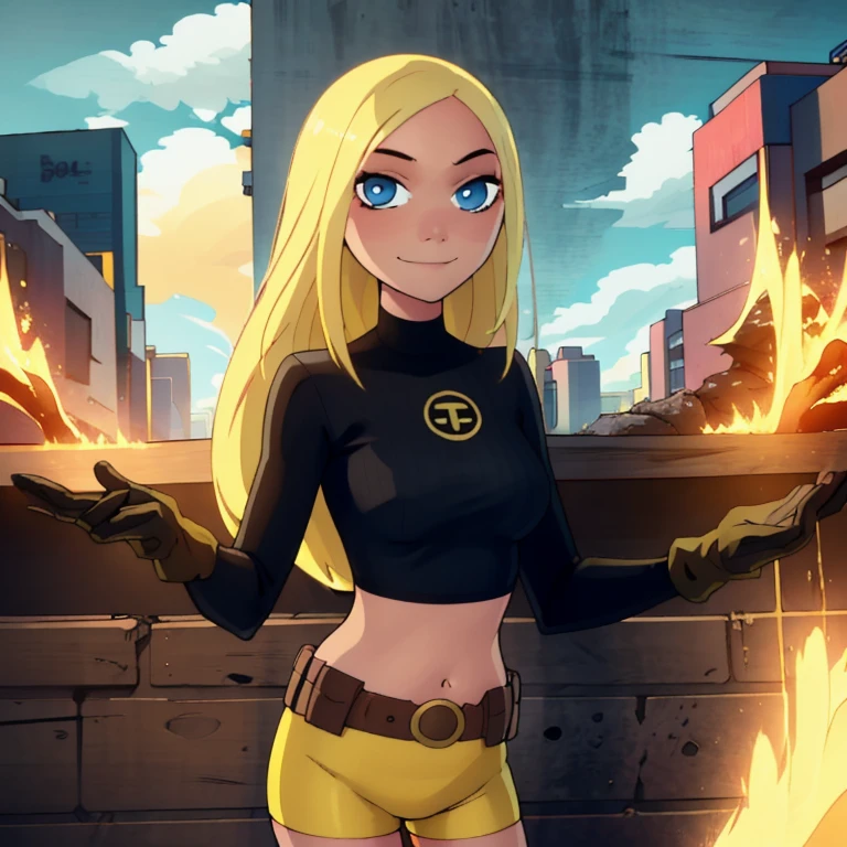 ((masterpiece,best quality)), absurdres, Terra, 1 fat girl, , big fat body, solo, long hair, blonde hair, blue eyes, black shirt, gloves, yellow shorts, midriff, belt, smile, looking at viewer, cowboy shot, Outfit fitted to her big, fat body size,