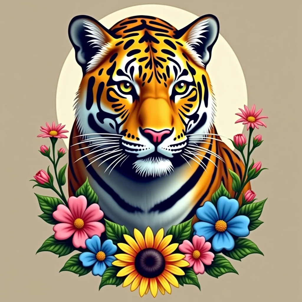 Create a fantastic Amazonian jaguar,inside a frame made of flowers,tail of jaguar,tail in the background. A mix of jaguar and tiger,leopard spots on the face, flowers in the head, sunflower, lilies, daisy, roses, color full, rainbow colours,spectacular, vibrant, no signature, no watermark,t-shirt art