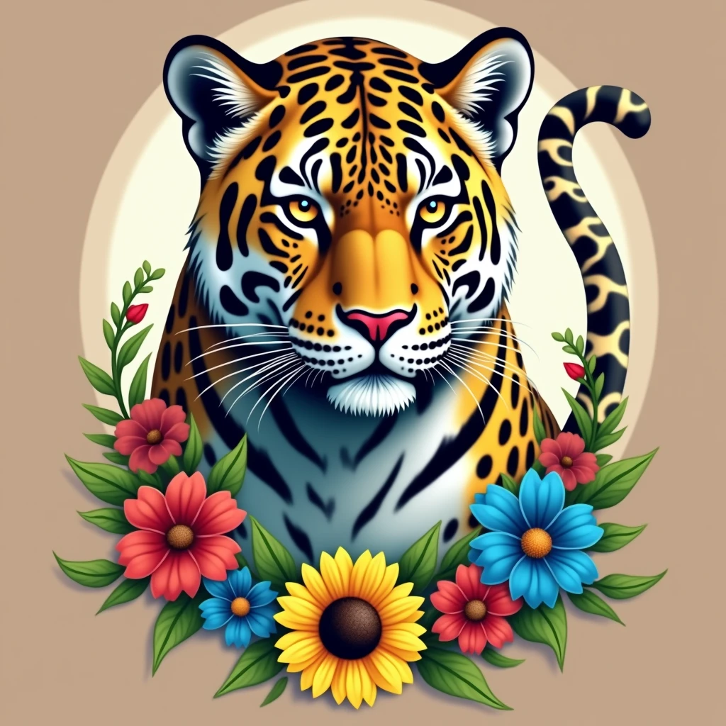 Create a fantastic Amazonian jaguar,inside a frame made of flowers,tail of jaguar,tail in the background. A mix of jaguar and tiger,leopard spots on the face, flowers in the head, sunflower, lilies, daisy, roses, color full, rainbow colours,spectacular, vibrant, no signature, no watermark,t-shirt art