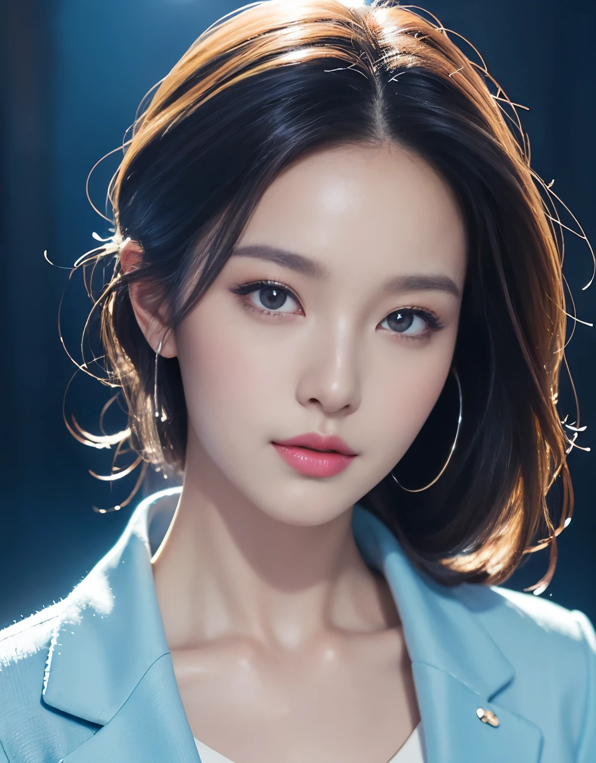 Close up portrait of woman in blue suit and white shirt, Elegant digital art, High-quality portraits, Shiny digital painting, Digital Art Images, Beautiful digital art, Elegant digital painting, Portrait of a female idol in Japan, Beautiful digital painting, Realistic cute girl drawing, high quality digital painting, TWICE's Tzuyu, Professional Profile Photo, Japanese Girls