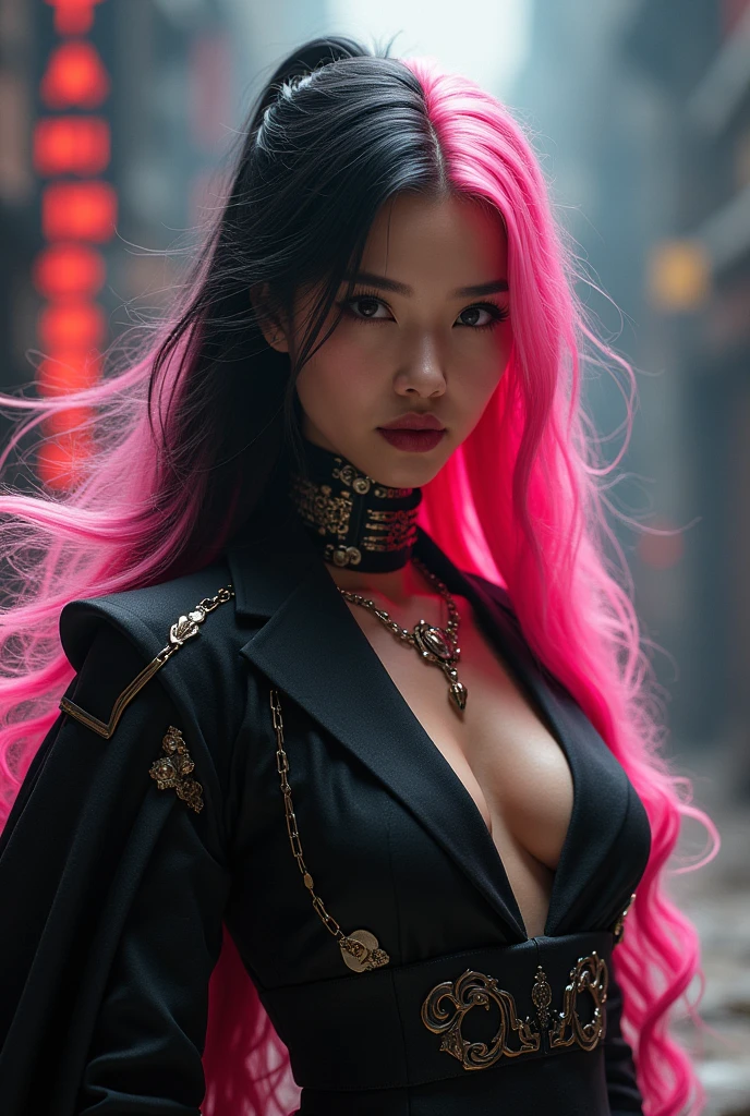 SEXY SUPERPOWERED ASIAN VILLAIN, long hair - half pink and half black