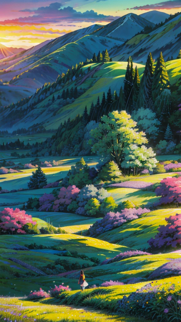 A magical forest wedding ✨ field full of yellow flowers with a sunset in the background, violet and yellow sunset, at sunrise in springtime, japan nature, sunset warm spring, countryside in japan, japanese countryside, floral sunset, lush japanese landscape, ( colorful ), lush sakura trees, long violet and green trees, beautiful summer landscape, detailed fields nature, japanese landscape, beautiful dreamy landscape, sunny landscape, 4k hd,, beautiful art uhd 4 k, a beautiful artwork illustration, beautiful digital painting, highly detailed digital painting, beautiful digital artwork, detailed painting 4 k, very detailed digital painting, rich picturesque colors, gorgeous digital painting