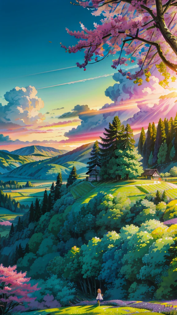 A magical forest wedding ✨ field full of yellow flowers with a sunset in the background, violet and yellow sunset, at sunrise in springtime, japan nature, sunset warm spring, countryside in japan, japanese countryside, floral sunset, lush japanese landscape, ( colorful ), lush sakura trees, long violet and green trees, beautiful summer landscape, detailed fields nature, japanese landscape, beautiful dreamy landscape, sunny landscape, 4k hd,, beautiful art uhd 4 k, a beautiful artwork illustration, beautiful digital painting, highly detailed digital painting, beautiful digital artwork, detailed painting 4 k, very detailed digital painting, rich picturesque colors, gorgeous digital painting