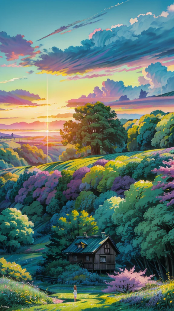 A magical forest wedding ✨ field full of yellow flowers with a sunset in the background, violet and yellow sunset, at sunrise in springtime, japan nature, sunset warm spring, countryside in japan, japanese countryside, floral sunset, lush japanese landscape, ( colorful ), lush sakura trees, long violet and green trees, beautiful summer landscape, detailed fields nature, japanese landscape, beautiful dreamy landscape, sunny landscape, 4k hd,, beautiful art uhd 4 k, a beautiful artwork illustration, beautiful digital painting, highly detailed digital painting, beautiful digital artwork, detailed painting 4 k, very detailed digital painting, rich picturesque colors, gorgeous digital painting