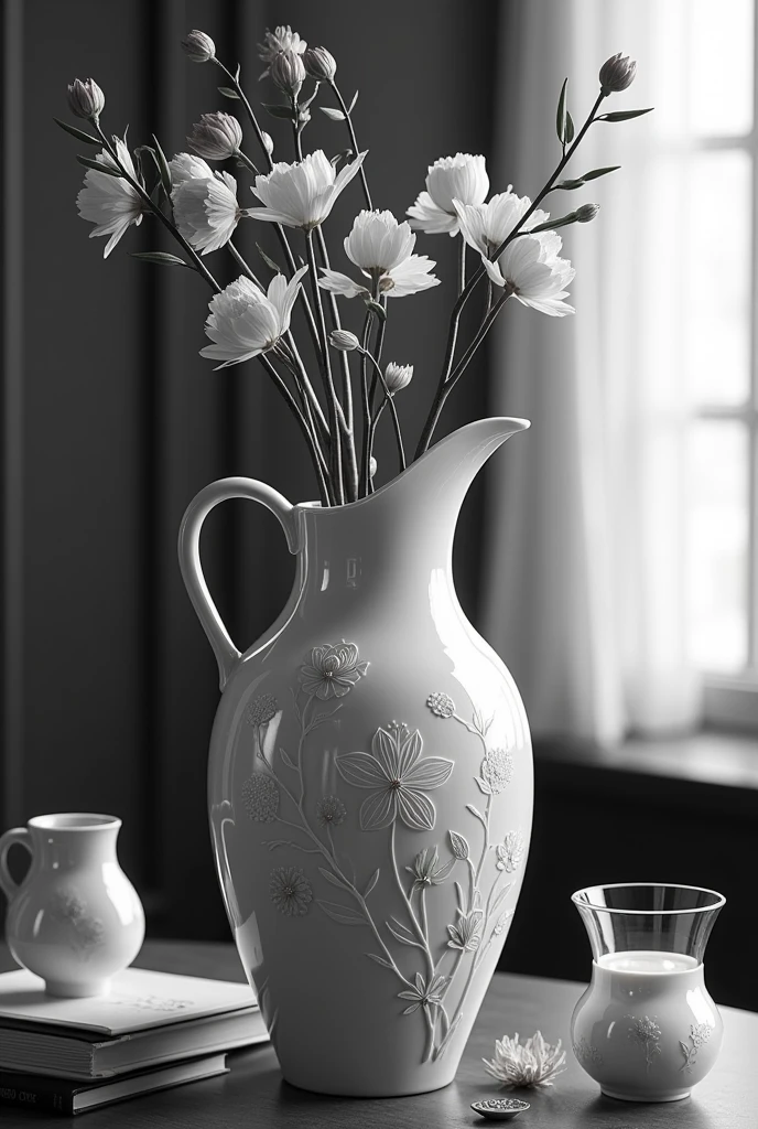 Make a beautiful and detailed vase that is quite shiny. The vase has a spout and has details in its ceramics. Next to it are smaller objects such as books and glasses so that the detail in the ceramics stands out., that it has drawings in which the ceramic has reliefs in it and is not so smooth That its background is a window and that the vase is on a table in front of a window and inside it there are flowers That the image is in black and white