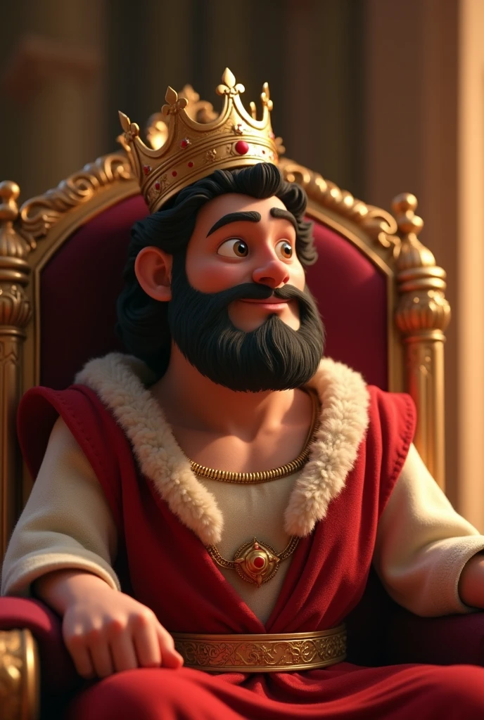 Create a pixar photo of King Solomon from the Bible on his throne with a crown, with a face of wisdom. he is still young