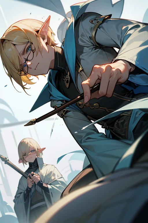male、male性、Short Hair、Straight Bob、Blonde、Glasses、adult、adultのmale、adultの体、大柄のmale、Elf、Shining Eyes、Pride、Severe、Disgust、hostility、Irritation、Cold Blooded、A look of disappointment、Sharp Eye、Confused eyes、Stocky build、Slender、sex appeal、Magic Mentor、Long staff、Calmness、quiet、look、From below、to close range
