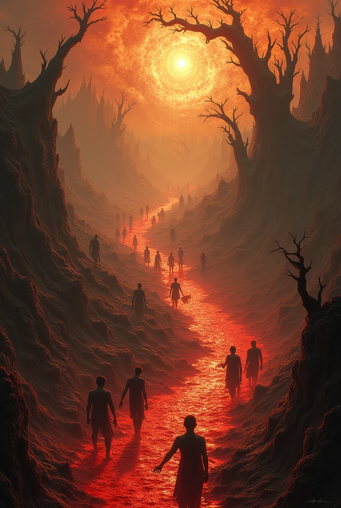 Image of the seventh circle the violence of The book The Divine Comedy the murderers and tyrants are in a river of boiling blood in another the suicides become trees that are destroyed by harpies and blasphemers and Sudomites are in a burning desert under the rain of fire