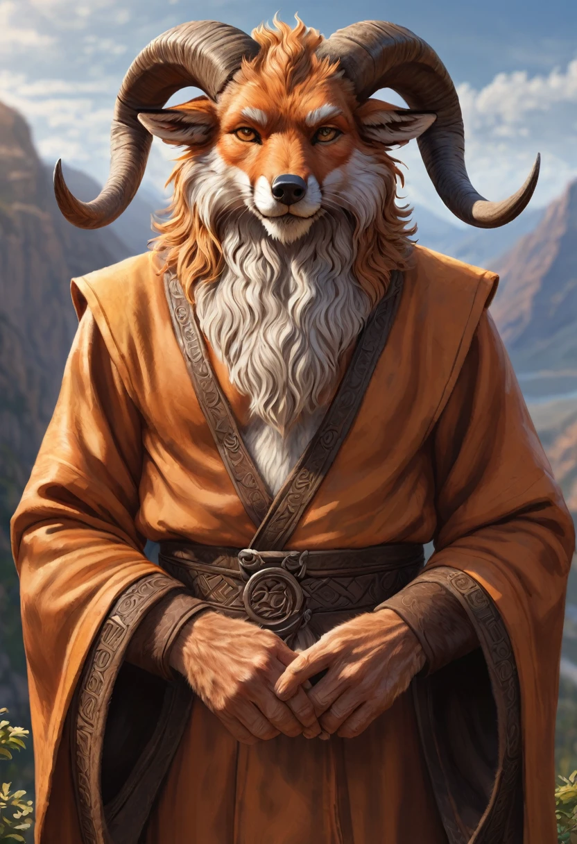Anthropomorphic masculine fox-satyr monk  Old, wrinkled. long detailed fingers. Official Art – An Award-Winning Digital Masterpiece In 4K Ultra HD, Extreme Detail And Intricate Realism. Symmetrical Face. This Concept Art Brought To Life By The Hands Of Artists Like Wlop & Artgerm In A Stunning 2D Vector Illustration.  Background Is A Panoramic Vista.
