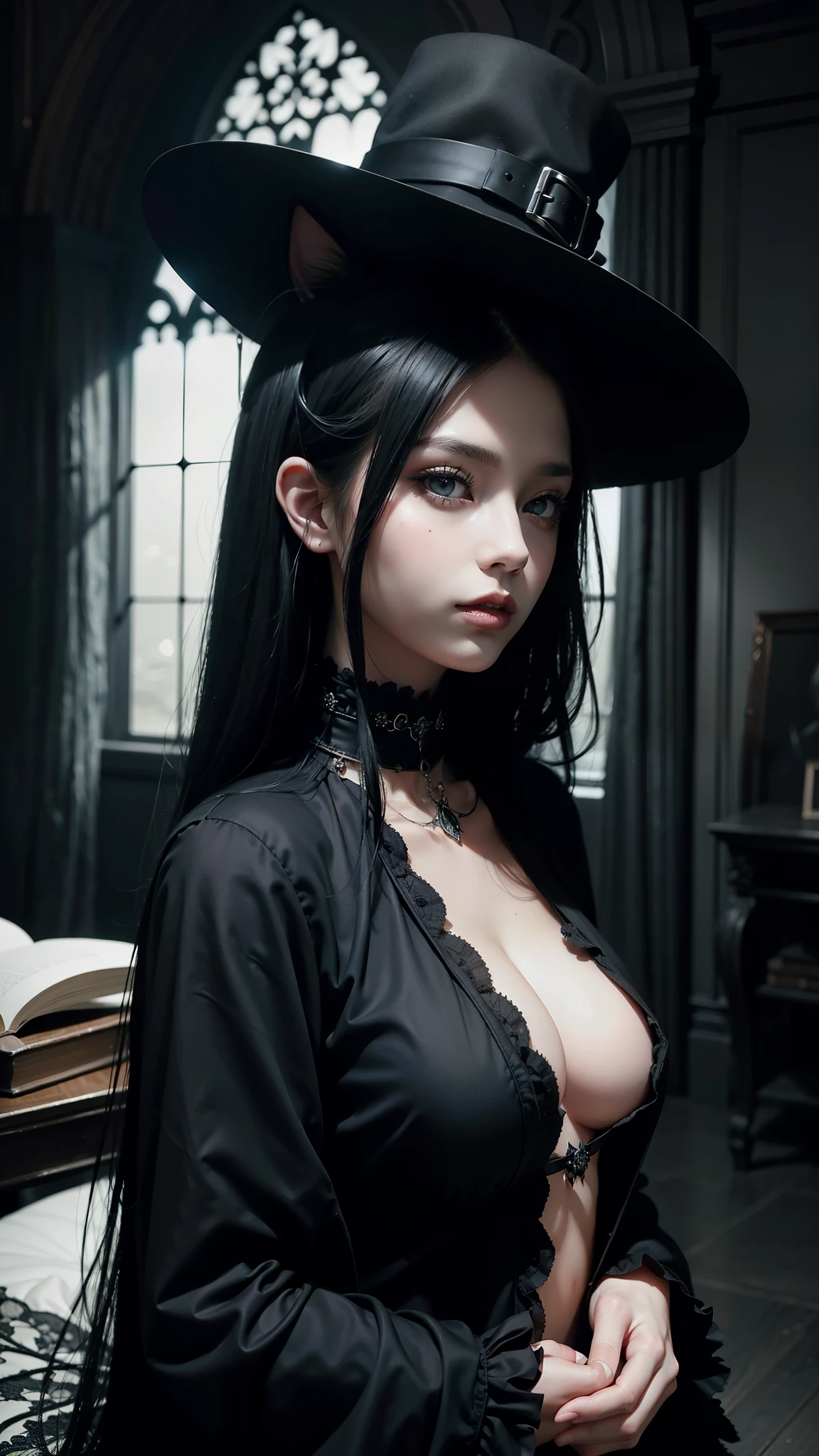 A captivating gothic catgirl, adorned with a black hat, poses against a backdrop of digital art by Yang J. Trendsetting CG society themes intertwine with gothic and fantasy gothic art elements. Her enchanting eyes and dark, mystical aura exude an air of beauty and allure. The artwork, in the style of fantasy, showcases a dark, brooding portrait of a gothic catgirl, with a touch of Tom Bagshaw's distinctive dark fantasy art style.